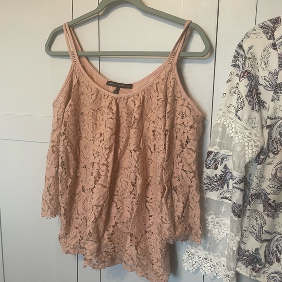 Bundle 2 White House Black Market Pink Lace Cold Shoulder Top & Lacy design. - Picture 5 of 14